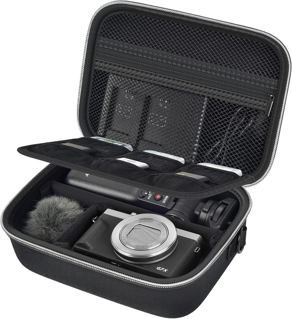 Casmilee Camera Case for Canon G7X Mark III III II SX740, Sony ZV-1 ZV-1F ZV-1II, Protective Travel Storage Bag with Padded Interior for Content Creators, Extra Pockets for Batteries Tripod Microphone