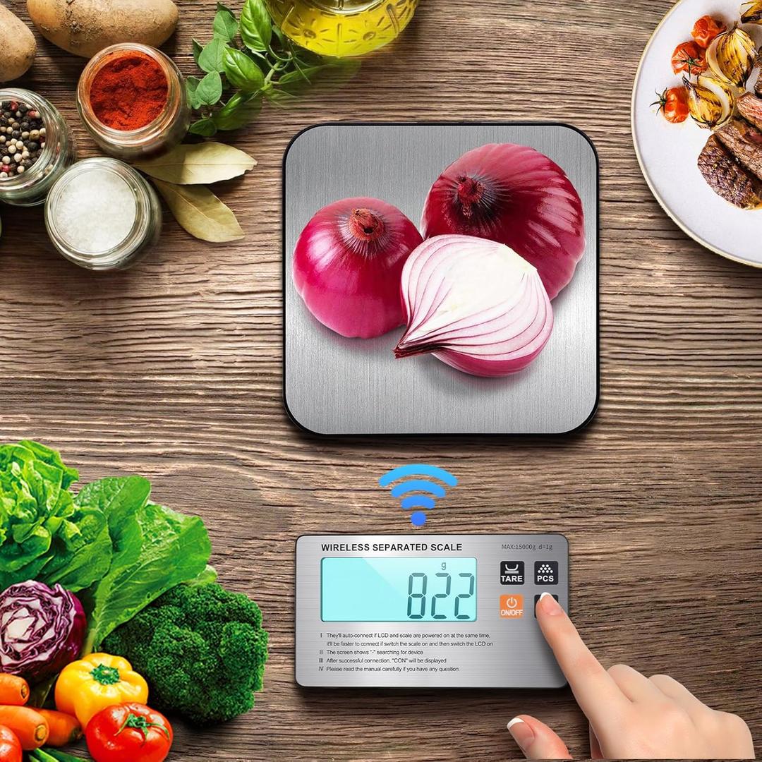 Food Scale- Wireless Separated, 33 lb Digital Kitchen Split Scales Weight Grams and Ounces for Baking Cooking and Meal Prep, LCD Display, 7 Units with Tare Function (Batteries Included)