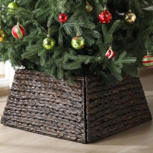 22 Inch Christmas Tree Collar Water Hyacinth Woven Farmhouse Square Base Cover Christmas Tree Basket for Xmas Holiday Decorations(Brown Black)