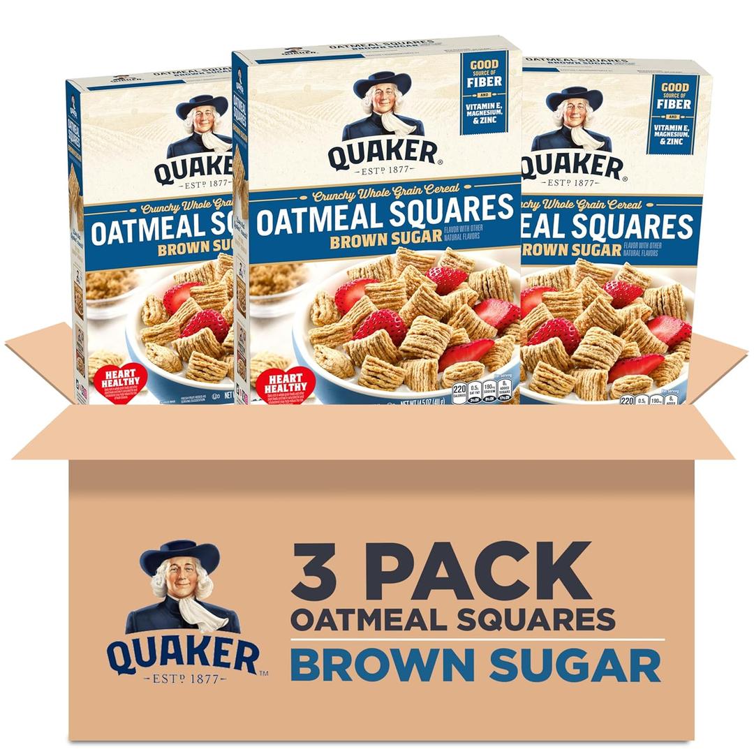 Quaker Oatmeal Squares Breakfast Cereal, Brown Sugar, 14.5oz Boxes (3 Pack) (EXP 10/03/26)