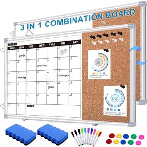 Calendar Whiteboard for Wall, 36" x 24" Double Sided Monthly Dry Erase Board Calendar for Office, Home, School, Hanging Cork Board White Board Combo, Portable Magnetic Dry Erase Planner Board