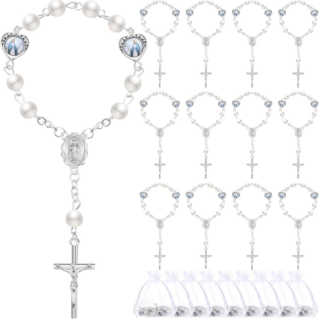 Misdary 30 Sets Baptism Mini Rosary with Organza Bags Faux Pearls Baptism Rosary Baptism Favors for Guests Catholic Finger Rosary for Christening Weddings Party Favors First Communion Gift(Silvery)