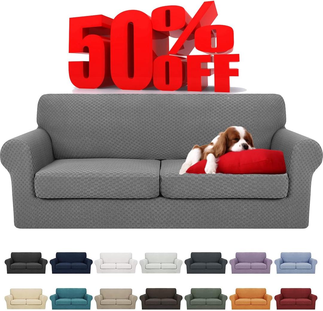 YEMYHOM Latest Checkered 3 Pieces Couch Covers for 2 Cushion Couch High Stretch Sofa Cover with 2 Extra Large Seat Cushion Covers Anti Slip Elastic Slipcovers (Light Gray), 71"-91"(2 Cushions)