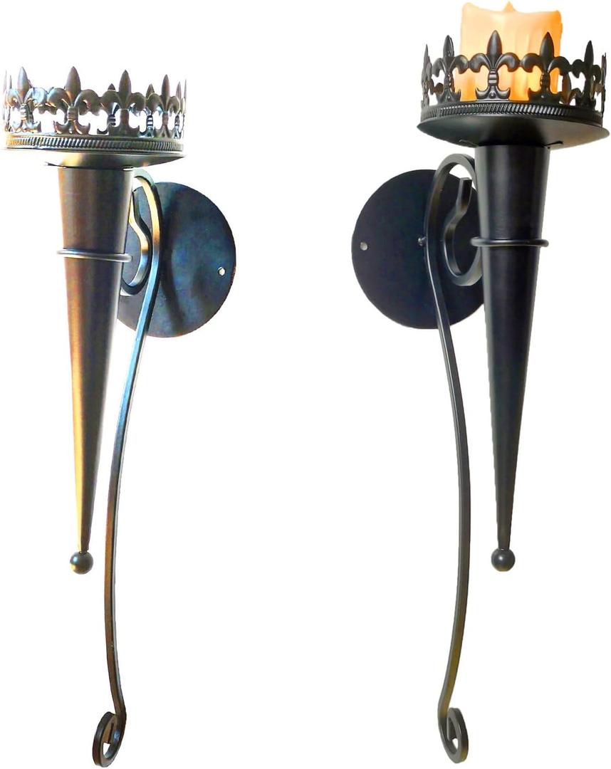 Metal Wall Mounted Candle Sconces,Wall Sconce Candle Holder, Iron Wall Pillar Candle Sconce for Room, Hallway, Entryway, Bathroom, 2 Pack (Torch Design) (White)