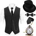 EFORLED Halloween 1920s Mens Costume 2025,Gatsby Gangster Vest,Vintage Pocket Watch,Pre Tied Bow Tie,Tie (XX-Large)