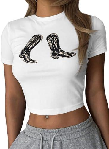Western Cowgirl Crop Tops for Women - Country Concert Rodeo Outfits Boot Print Summer Slim Shirt Sexy Cowboy Tee, X-Large