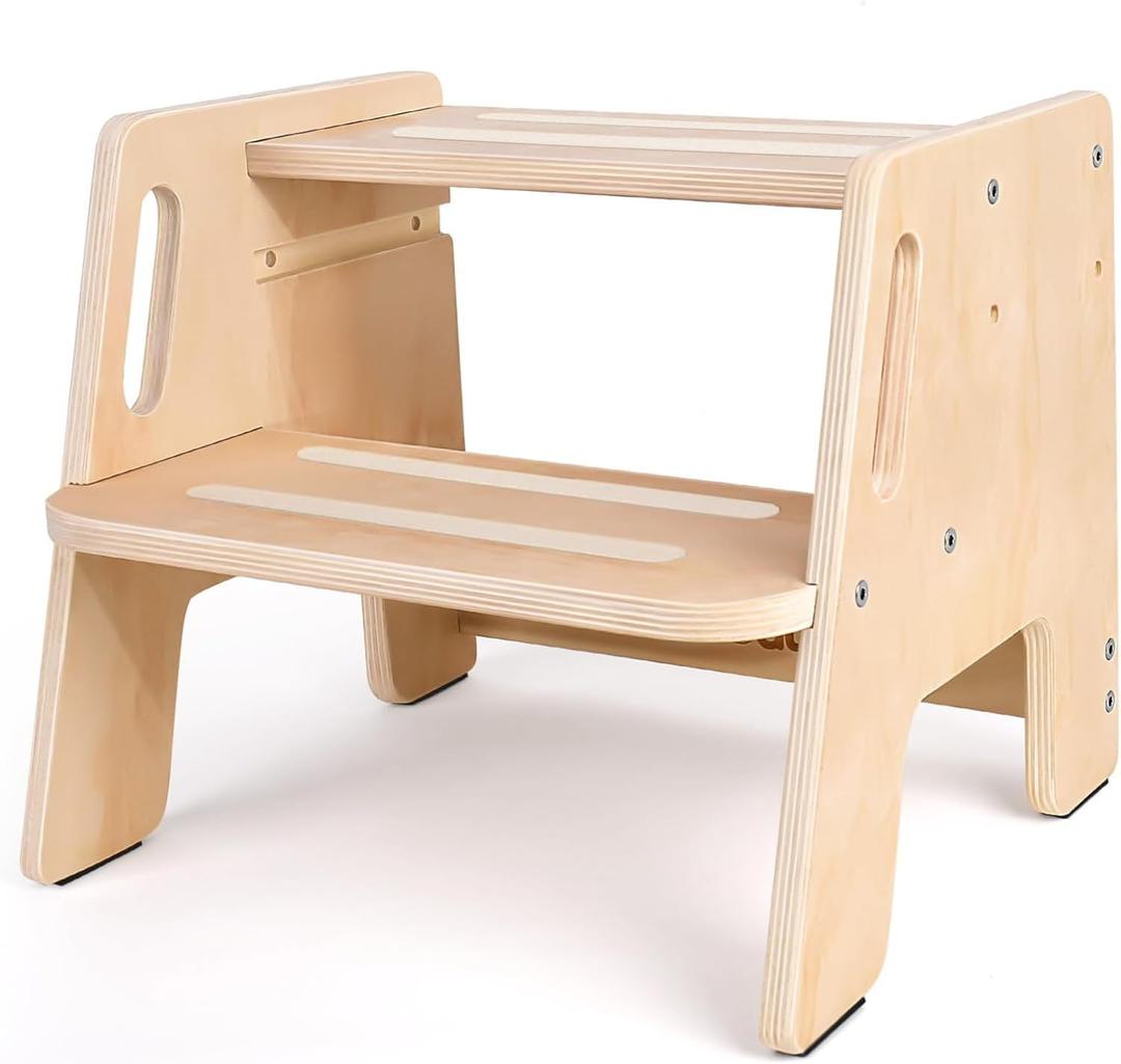 Toddler Step Stool, Wooden Height-Adjustable 2-Step Stool for Kids, Potty Training Stool with Handles for Bathroom Sink, Kitchen, Bedroom (Original Wooden Colour)
