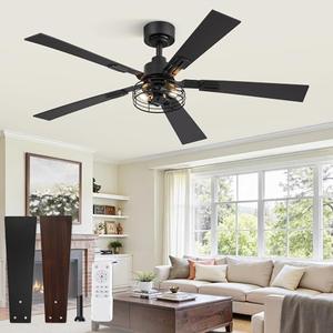 1 Pack Farmhouse 48 Inch Ceiling Fans with Lights, Black Industrial Caged Ceiling Fans for Bedroom Living Room, Double-Sided 5 Blades Rustic Ceiling Fan