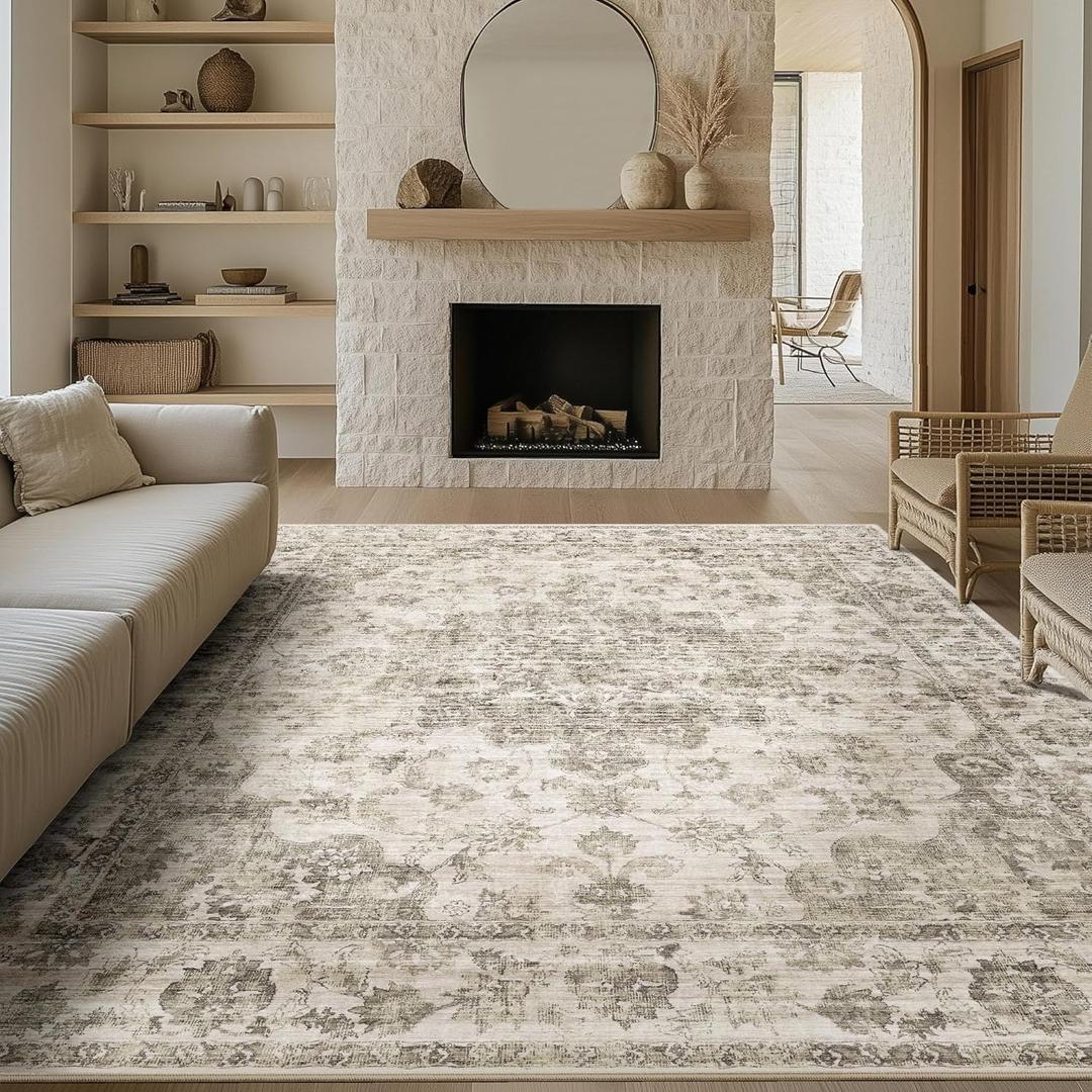 8x10 Washable Neutral Area Rug Taupe Floral Living Room Bedroom Large Carpet Non-Slip Low Pile Vintage Soft Thin Throw Rug for Dining Room Office Kitchen Indoor Nursery (8' x 10' (Rectangular))