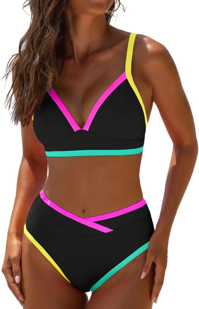 popvil High Waisted Bikini Sets for Women Neon Two Piece Swimsuit Sexy High Cut 2026 Bathing Suit (Medium, Black)