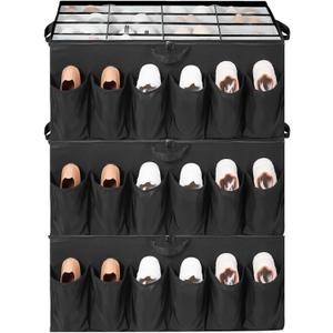 Extra Large Fabric Shoe Organizer for Closet, Fits up to 28 Pairs, Foldable Shoe Storage Bin Containers with Adjustable Dividers and Clear Cover, Black, 3 Pack