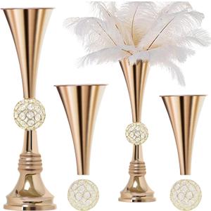 VIJIV 19" Gold Luxury Flower Vase for Wedding Centerpieces - Crystal-Embedded Tall Geometric Metal Vase for Feather, Rust-Resistant Table Decor for Gatsby Party/Reception/Hotel Floral Arrangements