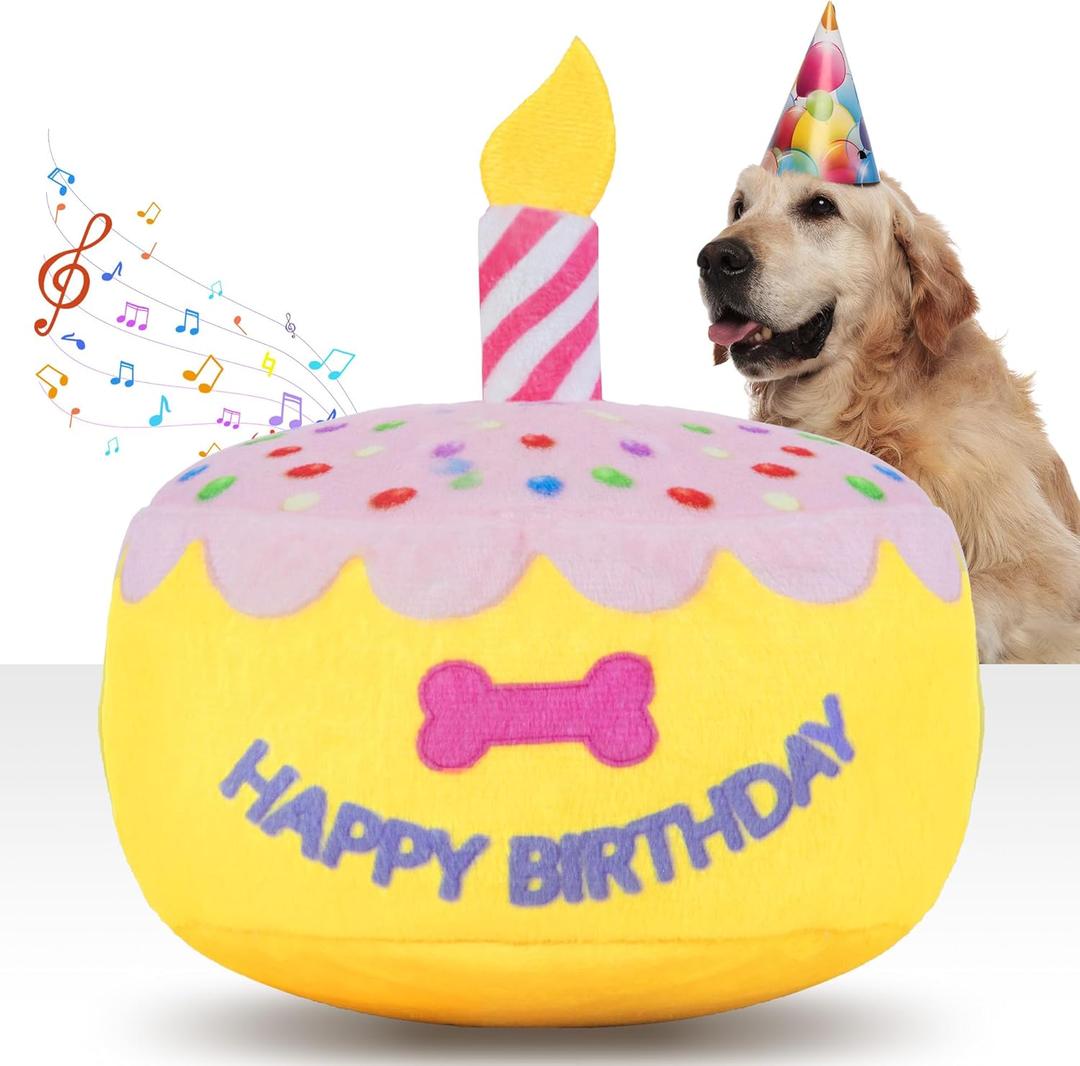 Dog Birthday Cake Toy 5.9", Plush Dog Gift with Electronic Music Box, Plays Happy Birthday Song & Puppy Bark Melody, Larger Pet Celebration Toy for All Breeds Dogs (Pink,Yellow)