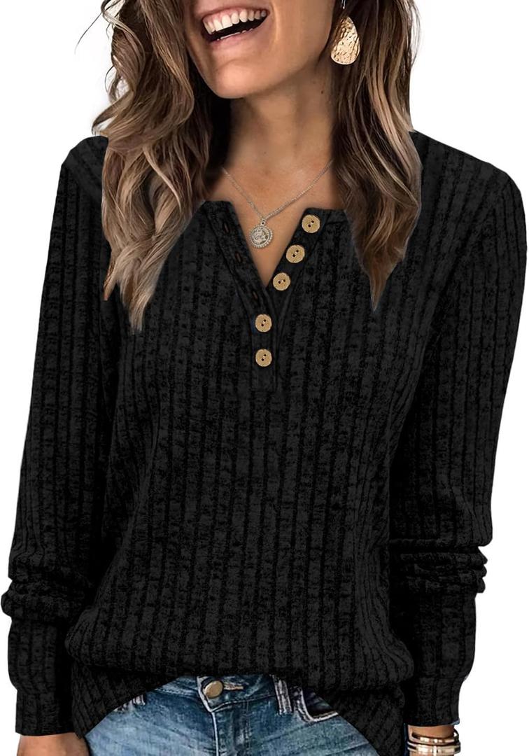 MixShe Womens Henley Sweaters 2026 Fall Winter Ribbed Knit V Neck Button Pullover Long Sleeve Tops, L