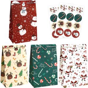 Christmas Treat bags with Stickers, 24 PCS Christmas Gift Bags Party Favors, Xmas Goodie Bags for Kids Candy Cookies Snack Bag Mini Paper Gift Crafts Wrapping for Xmas Party Supplies Decorations
