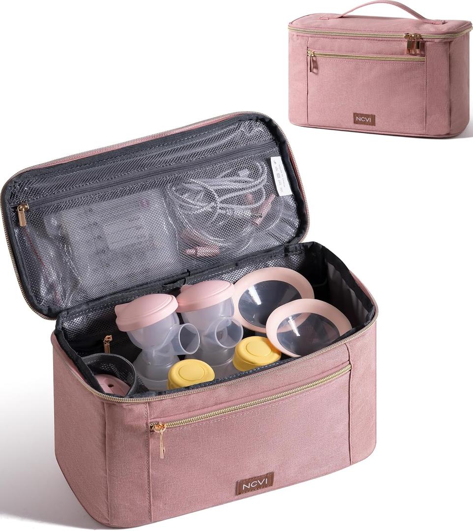 NCVI Breast Pump Storage Bag for Pumps and Extra Parts, Large Capacity Portable Pump Carrying Case with Handle, Waterproof Lining and Multiple Compartments, Perfect for Working & Nursing Moms, Pink