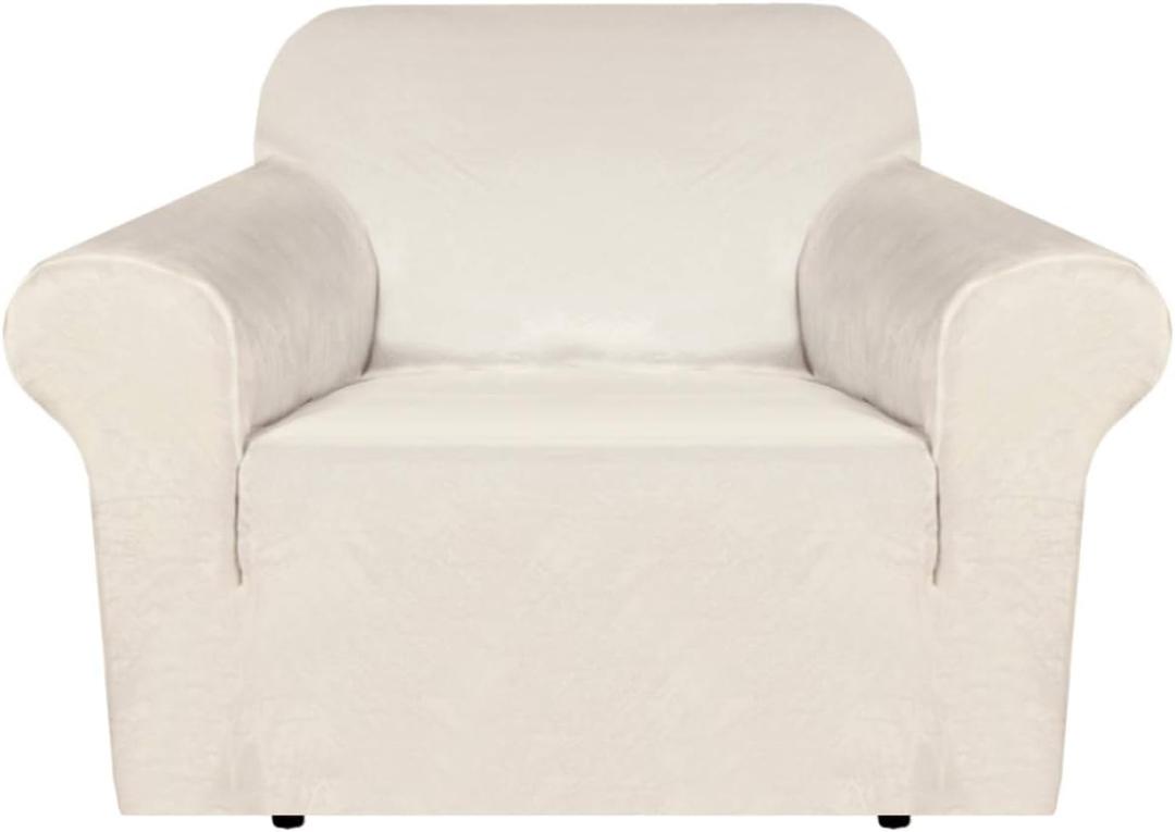 H.VERSAILTEX Stretch Velvet Armchair Cover Couch Covers 1 Cushion Chair Slipcover for Living Room Furniture Cover Crafted from Thick Comfy Rich Velour (Chair 31"-49", Ivory)