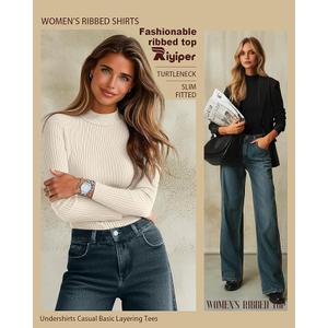 Riyiper 1 Pack Women's Ribbed Shirts, Mock Turtleneck Long Sleeve Tops Slim Fitted Undershirts Casual Basic Layering Tees(White,X-Large)