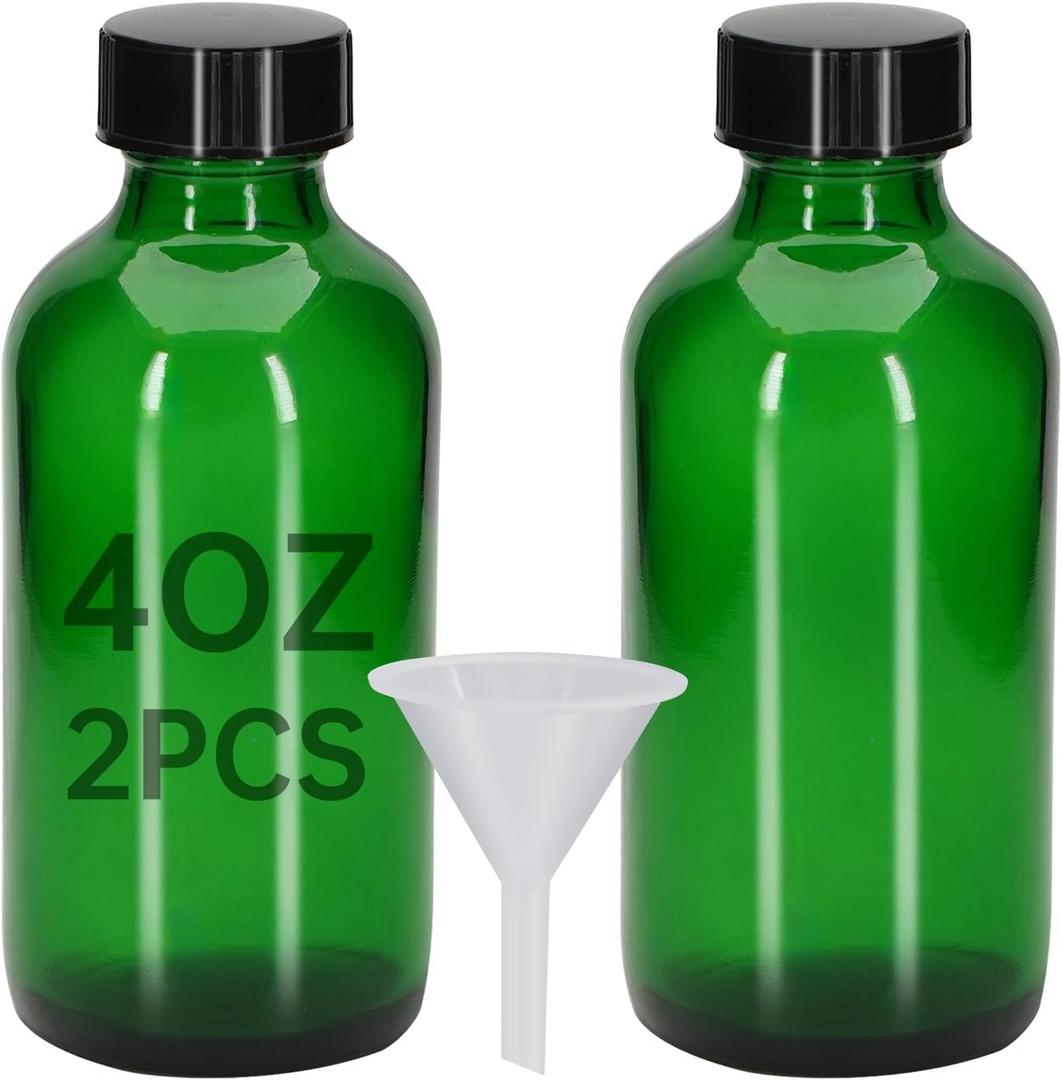 2Pcs 4 oz Green Glass Bottles - Small Glass Jars with Black Lids Empty Boston Bottle,Dispensing Bottles for Homemade Vanilla Extract, Essential Oils, Herbal Medicine (2)