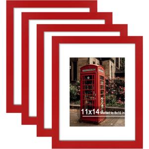 11x14 Picture Frame Set of 4, High Definition Real Glass, Display Pictures 8x10 with Mat or 11x14 Without Mat, Gallery Wall Hanging Photo Frames, Red