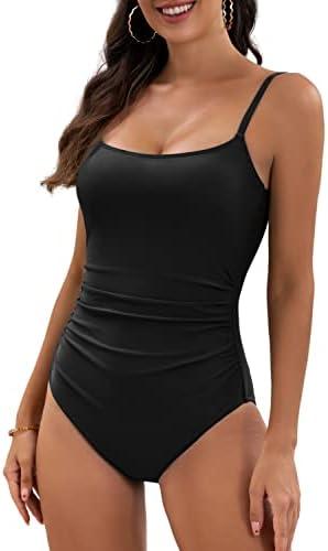 Eomenie Women's One Piece Swimsuits Tummy Control Ruched Bathing Suit 1 Piece Swimwear (XL, Black)