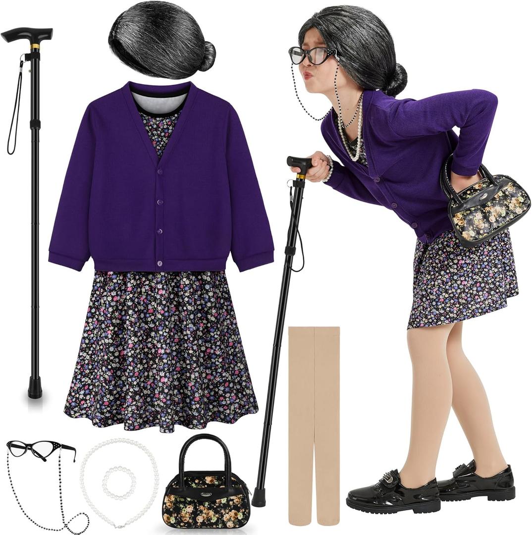 Old Lady Costume for Kids 100 Days of School Costume for Girls 100th Day of School Granny Old Lady Dress Up Accessory (5-7X, Purple)