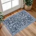 Vintage Entryway Rug Indoor, Navy Washable Rug 2x3, Small Area Rug with Non-Slip Backing, Floral Print, Thin Faux Wool Super Soft Door Mat for Kitchen, Entrance, Bedroom, Office (Navy and White)