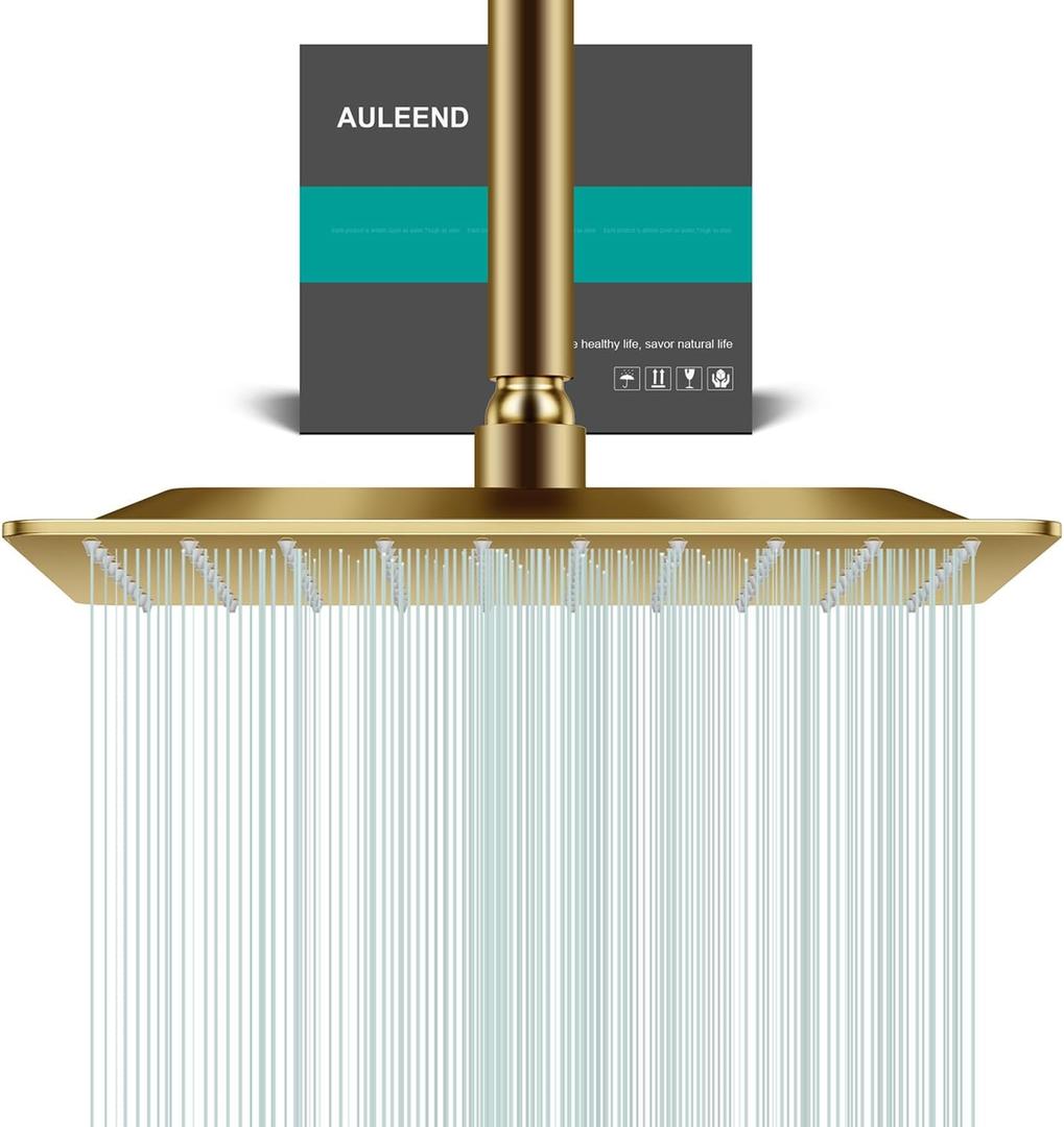 Square Rain Shower Head, High Flow Stainless Steel,Work with any decorative styleAll Metal Rainfall Shower Head (Brushed Gold, 10)