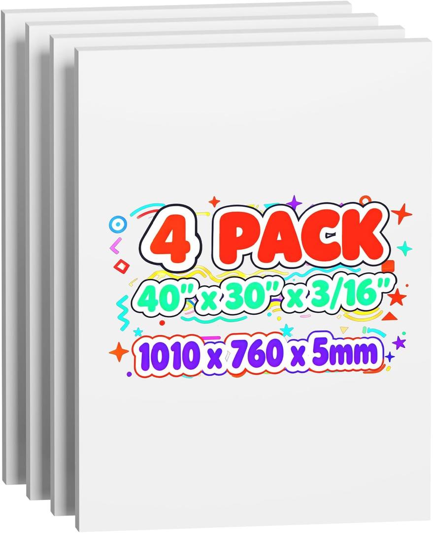 4 Pack Foam Board 30"x40", 3/16 Inch Thickness White Poster Board, Double-Sided Acid-Free Foam Core Board, Large Lightweight Polystyrene Mat Board for Painting, Display, Craft & School Projects