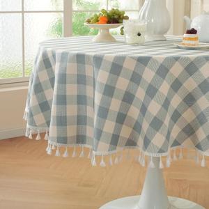 Laolitou Spring Blue Checkered 48" Round Tablecloth (Fits 20-36" Table) Buffalo Plaid Table Cloth with Tassel Washable Cotton Linen Gingham Table Cover for Living Room, Blue, Round