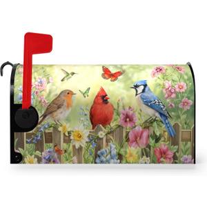 Spring Summer Birds Mailbox Covers Magnetic Standard Size 21x18 Inch Colorful Flowers Bird Mailbox Cover Seasonal Spring Decorations Post Letter Box Wrap for Outdoor Garden