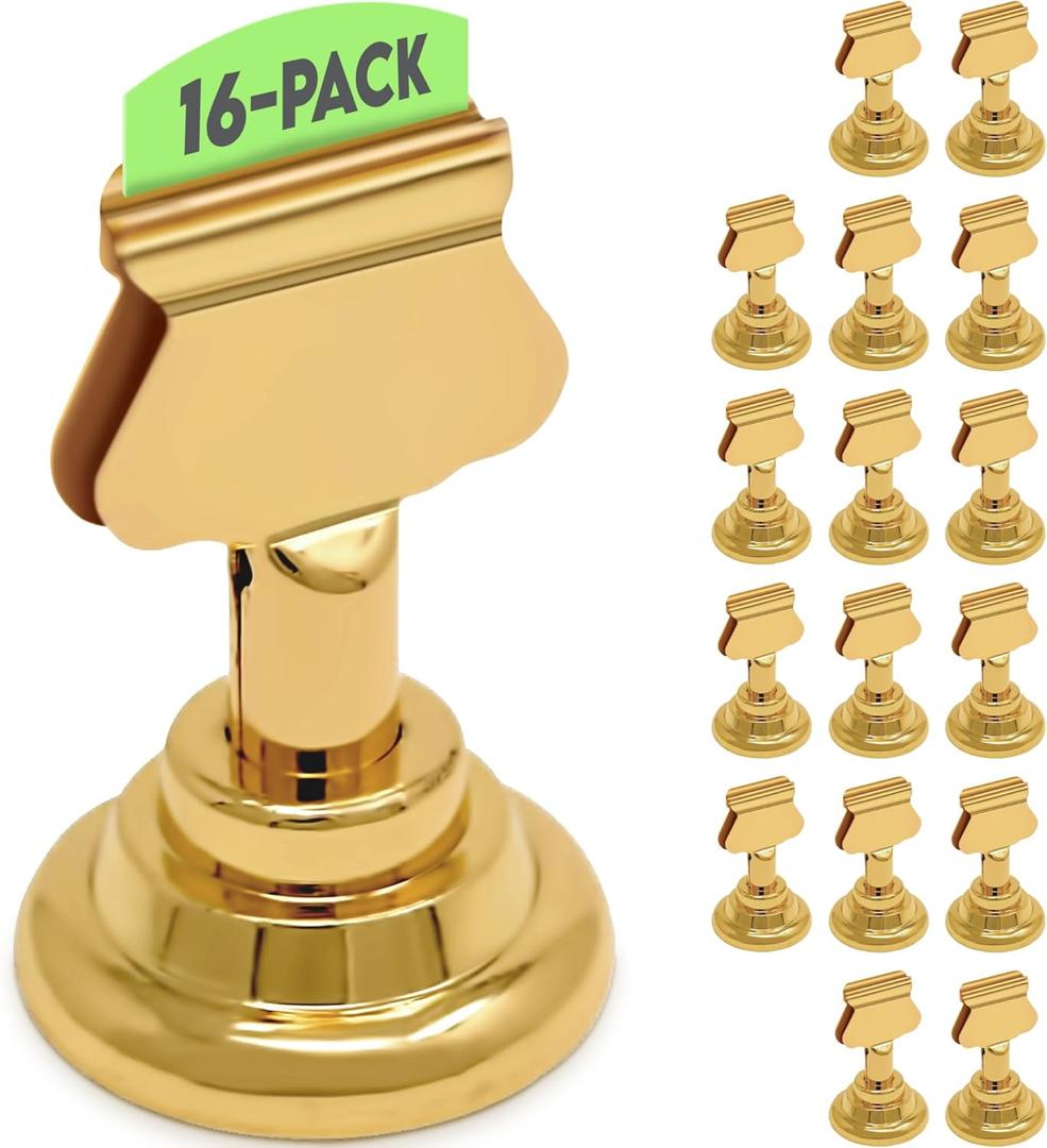 Table Number Holders (16pc) Premium Gold Metal Place Card Holders for Wedding Party Table Decor Picture Photo Holder (1.7 inch tall) (16 Pack)