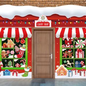 HunnmingRe 3 Pcs 157" Large Christmas Classroom Door Decorations Christmas Candy Shop Party Porch Banner Front Door Cover Xmas Background for Office Decorations Photo Background