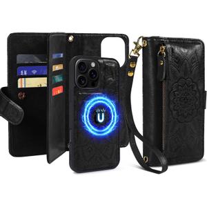 Harryshell for iPhone 15 Pro 6.1 inch Detachable Magnetic Case Wallet,Compatible with Magsafe Wireless Charging, [ RFID Blocking ] Card Slots, Cash Zipper Pocket Wrist Strap (Floral Black)