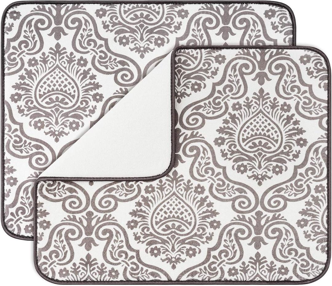 Subekyu Dish Drying Mats for Kitchen, Ultra Absorbent Microfiber Drying Mat, Dishes Drainer Pads 2 Pack, 19 by 15 Inch (Floral Vine)