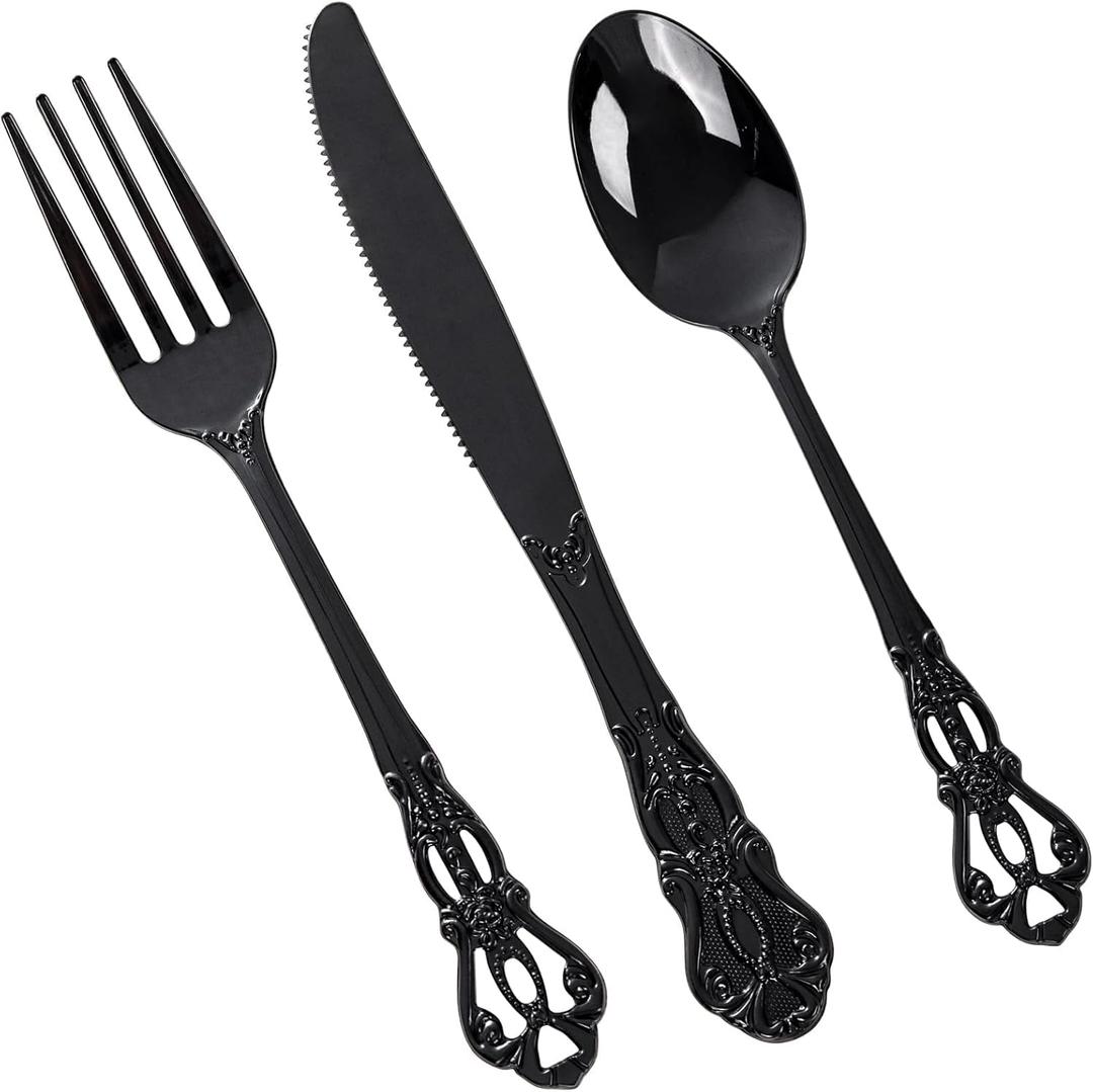 150PCS Black Plastic Silverware - Heavy Duty Disposable Cutlery Sets - Fancy Plastic Utensils Flatware Include 50 Forks, 50 Spoons, 50 Knives for Catering Dinners Wedding Party Graduation