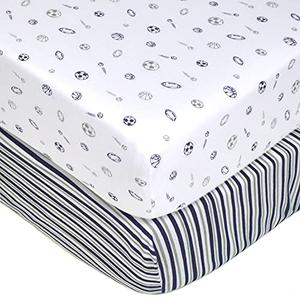 American Baby Company 2 Pack 100% Natural Cotton Fitted Crib Sheets 52" x 28" - Soft, Breathable, Hypoallergenic & Gentle Toddler Bed Sheets, Navy/Grey Sports Stripes, Neutral for Boys & Girls