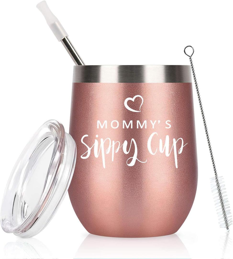 Qtencas Mommy's Sippy Cup Wine Tumbler with Lid, Mom Birthday Christmas Mother's Day Gift for Mom, 12oz Insulated Stainless Steel Wine Tumbler, Glitter