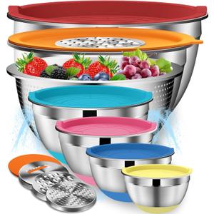 DUTZUN Mixing Bowls with Lids Set - 16pcs Stainless Steel Mixing Bowl Set with Colander, 3 Grater Attachments, Non-Slip Bottom, Metal Nesting Bowls with Strainer for Mixing & Serving - Multicolor