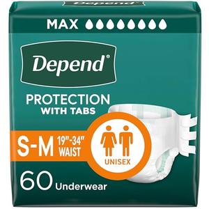 Depend Adult Diapers with Tabs, Incontinence Protection with Tabs, Unisex, Small/Medium (1934" Waist, Up To 170 lbs), Maximum Absorbency, 60 Count (3 Packs of 20) : Health & Household