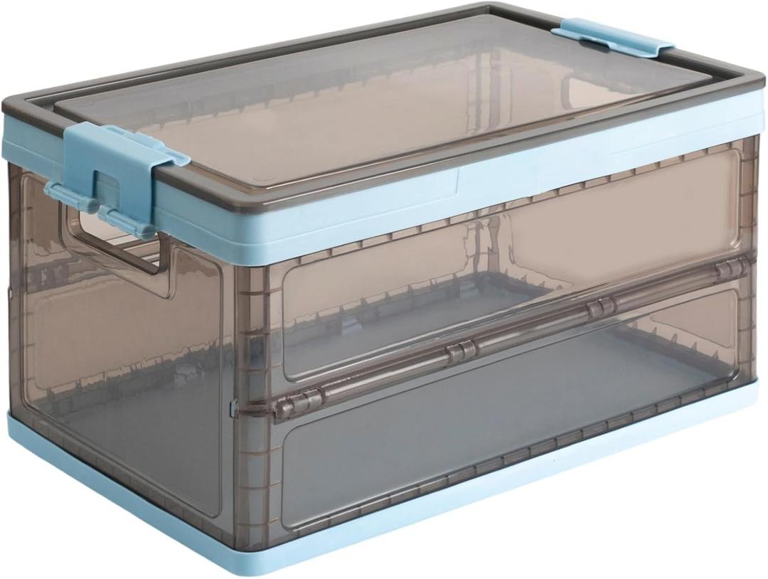 Collapsible Storage Container with Lid and Latches, Clear Stackable Plastic Tote Bin with Handles for Clothes, Sweater, Blanket (Blue, 7 Gal)