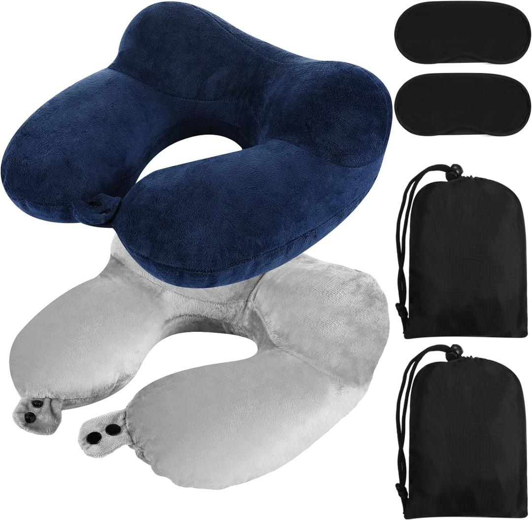 Sintuff 2 Pack Inflatable Travel Pillow for Airplanes Inflatable Neck Flight Pillows with Compact Bag and Blindfold for Traveling, Airplane, Train, Car, Office(Gray and Blue)
