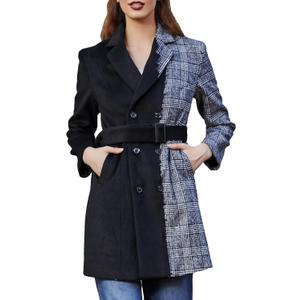 S·DEER Womens Coat with Plaid Patch Style, Wool Blend Winter Coat, Mid-Length Belted Notched Lapel Collar Coat, Size S S·DEER Womens Coat with Plaid Patch Style, Wool Blend Winter Coat, Mid-Length Belted Notched Lapel Collar Coat, Size S