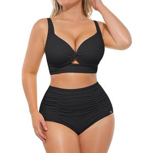 SHAPELLX High Waisted Bikini Tummy Control Two Piece Swimsuits for Women Ruched Bathing Suit Twist Front Bikini Sets (Black, M)
