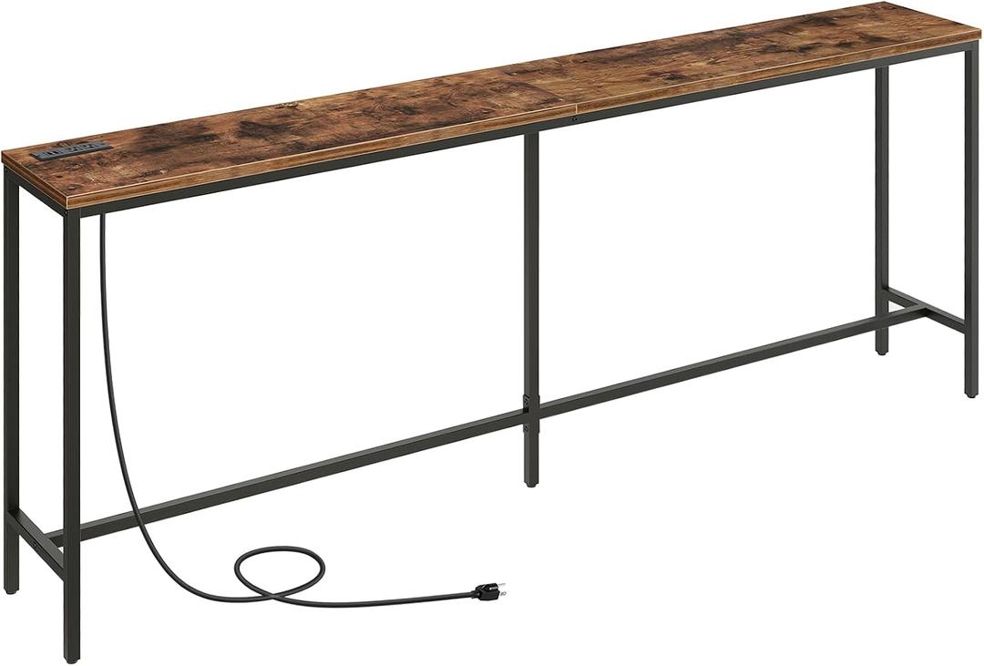 MAHANCRIS 78.7" Console Table with Power Outlet, 11.8" Wide Narrow Sofa Table, Industrial Entryway Table with USB Ports, Behind Couch for Entryway, Hallway, Foyer, Living Room, Rustic Brown CTHR320E01, 78.7"L x 11.8"W x 31.7"H