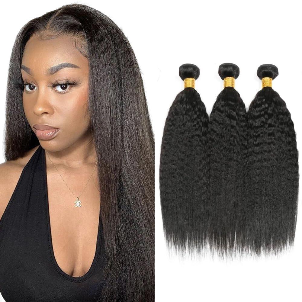 Human Hair Bundles Kinky Straight Bundles 20 20 20 Inch Unprocessed Brazilian Virgin Hair Weave 3 Bundle Yaki Straight Human Hair Extensions #1B Natural Color 50 Grams Per Bundle (#1B-Black-YK)