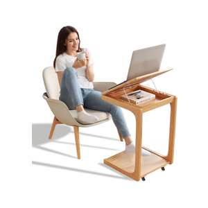Wooden C-Shaped End Table,Couch Table with Adjustable Desktop,Small Rolling Side Table with 2 Lockable Wheels,Small End Table for Couch, Living Room,Bedroom (Natural)