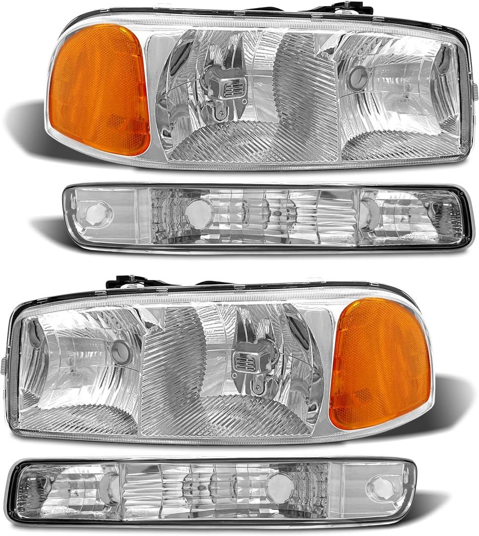 compatible with 1999-2006 Sierra Headlight Assembly for 99-06 GMC Sierra 1500 2500 3500/00-06 GMC Yukon Clear Lens Chrome Housing with Amber Reflector Headlamp Replacement Left and Right