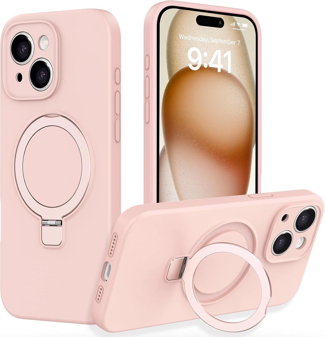 with Magnetic Invisible Stand Phone Case for iPhone 15 6.1 inches, Silicone Compatible with Magsafe Military Grade Full Camera Protection Phone Covers for Women Men(Pink)