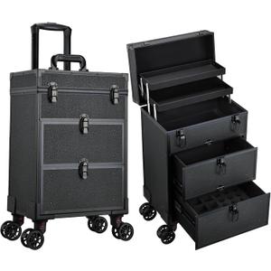Rolling Makeup Train Case with 2 Large Drawers Cosmetology Case on Wheels Nail Carts Organizer Case Make Up Artist Tattoo Travel Case with Wheels Salon Trolley Black